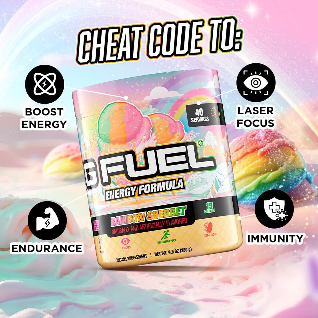 G Fuel Rainbow Sherbet Energy Drink Powder, Pre Workout Caffeine Mix for Gaming, Sugar Free Focus Amino, Vitamin + Antioxidants, 9.9oz (Rainbow Sherbet, 40 Servings)