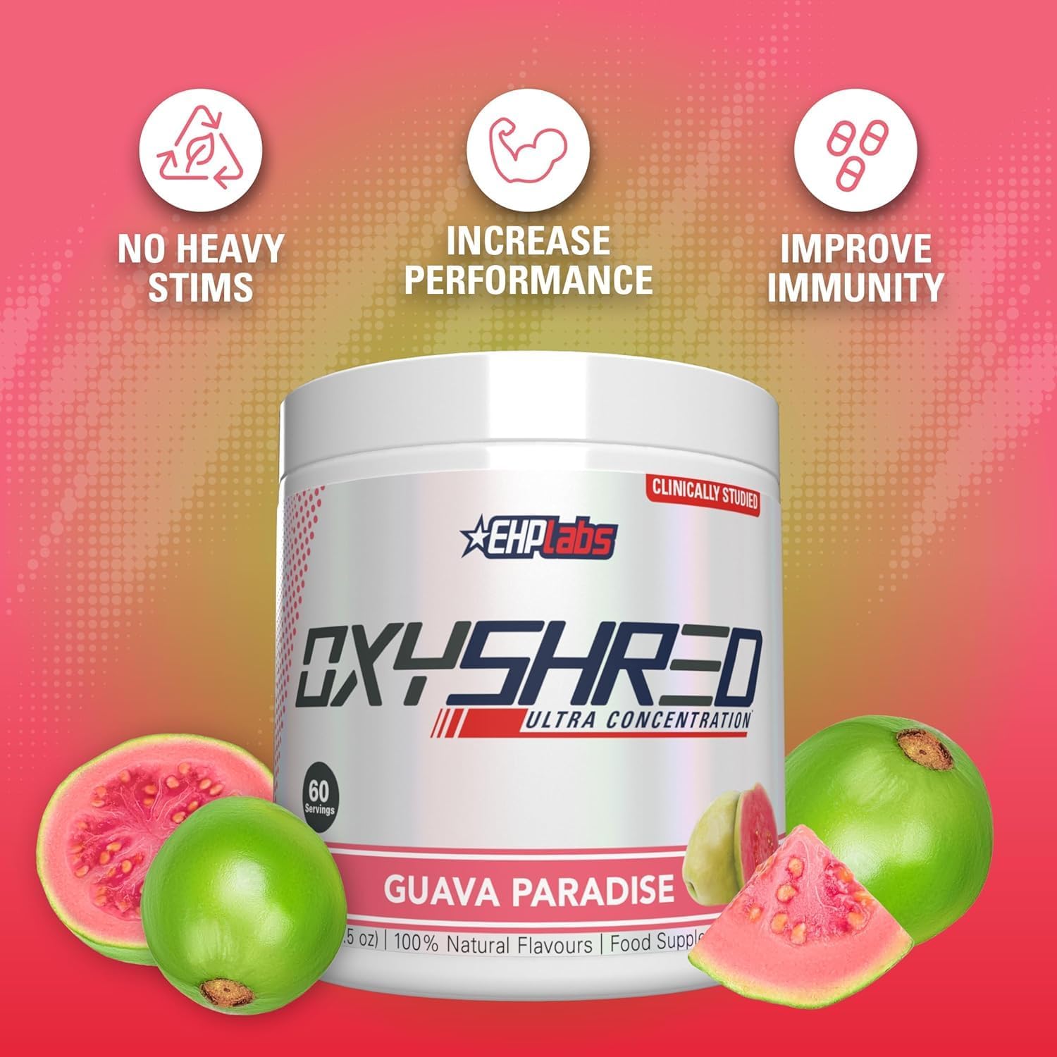 EHP Labs OxyShred Pre Workout Powder & Shredding Supplement - Preworkout Powder with L Glutamine & Acetyl L Carnitine, Energy Boost Drink - Guava Paradise, 60 Servings