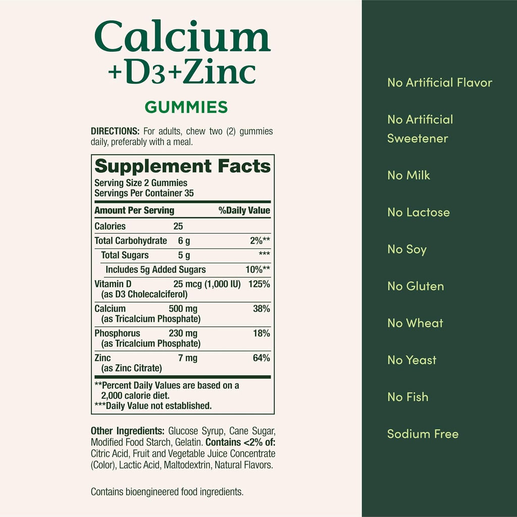 Nature's Bounty Calcium + D3 + Zinc Gummies, Supports Strong Bones & Teeth Plus a Healthy Immune System, 500mg, Orange and Cherry Flavored, 70 Gummies (Pack of 2)