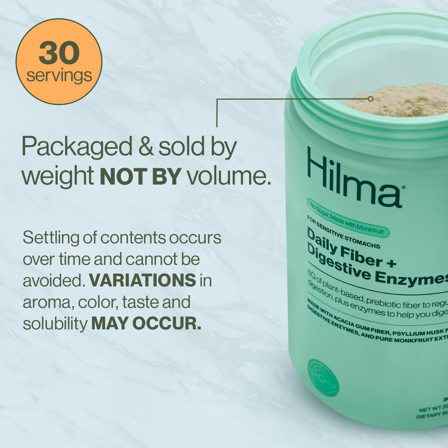 Hilma Daily Fiber and Digestive Enzymes, Fiber Supplement Powder with Prebiotics and Enzymes Formulated with Psyllium Husk and Acacia, Gluten Free, Vegan, FSA Eligible, Digestive Support, 30 Servings