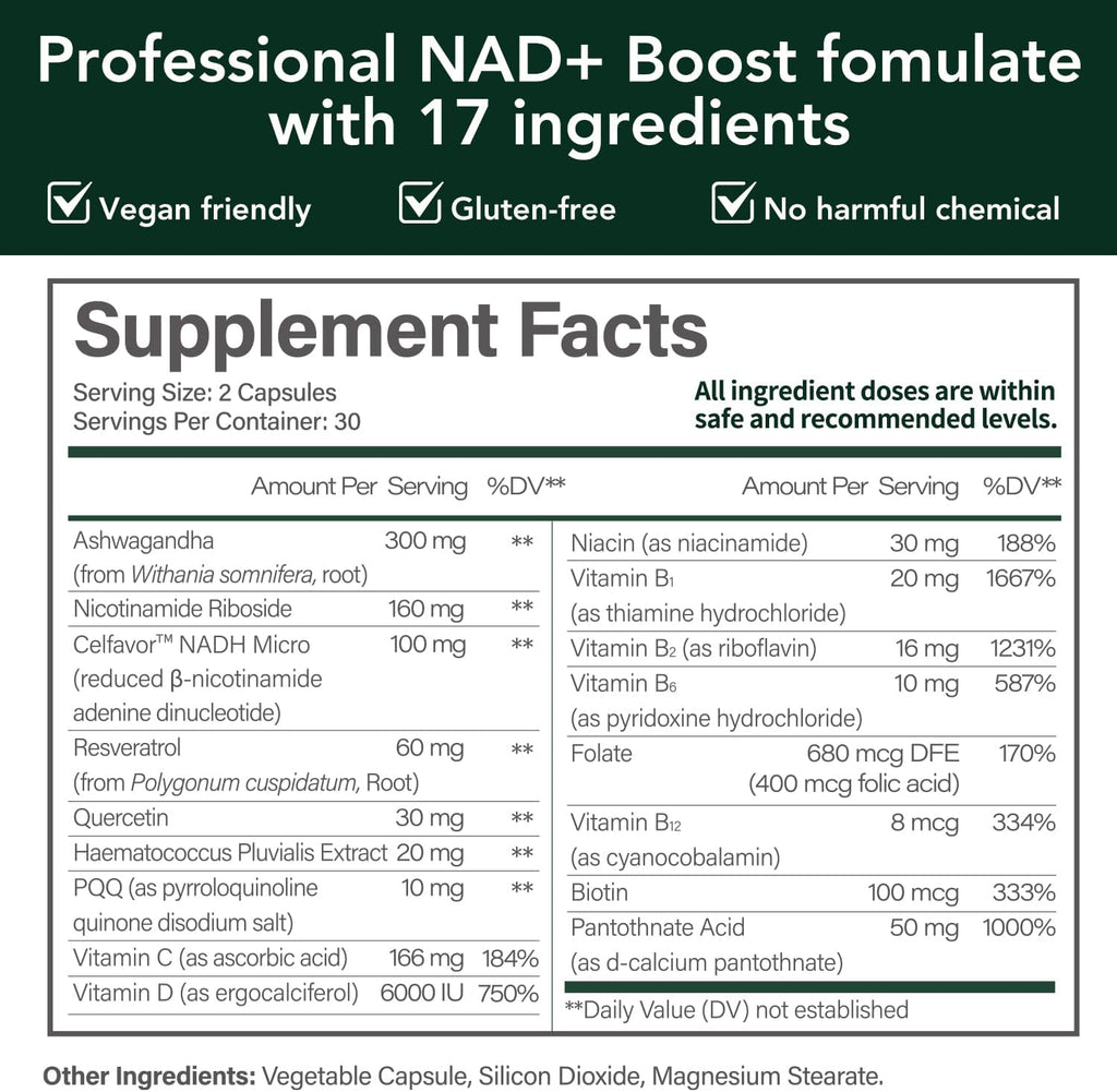 CELFULL NADH Supplement NAD+ with Resveratrol,Nicotinamide Riboside,NAD+ Boosting Supplement for Anti Aging Cellular Energy &Stamina-2Pack