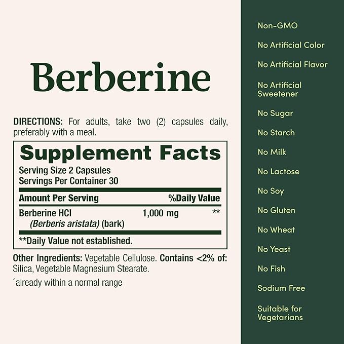 Nature's Bounty Berberine 1000mg Capsules, Supports Heart Health, Cholesterol & Blood Sugar Levels in a Normal Range, Non-GMO Supplement, 60 Count (Pack of 2)