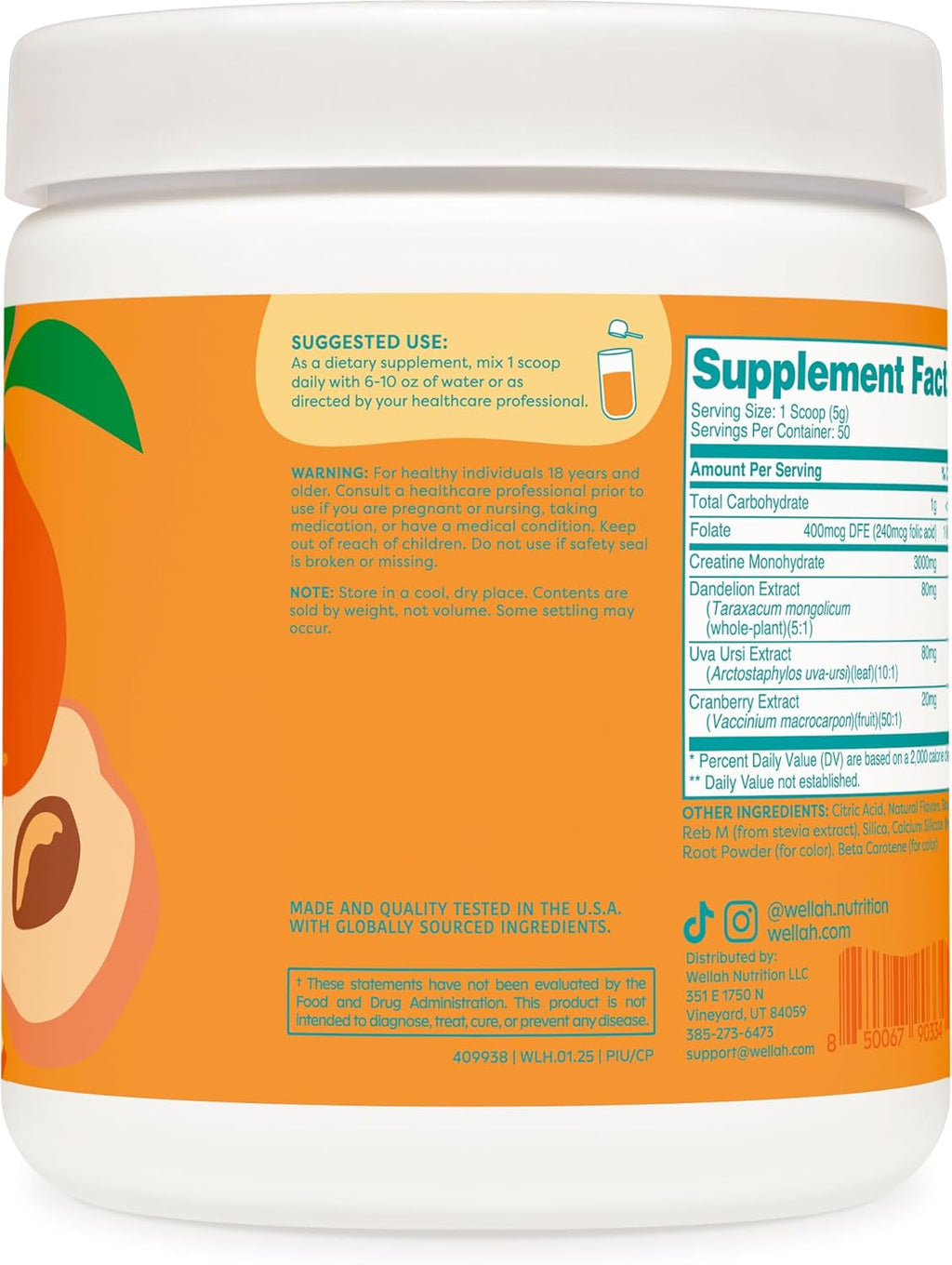 Wellah Creatine for Women - Creatine Monohydrate with Dandelion & Cranberry Extract (50 Servings, Clementine Peach)