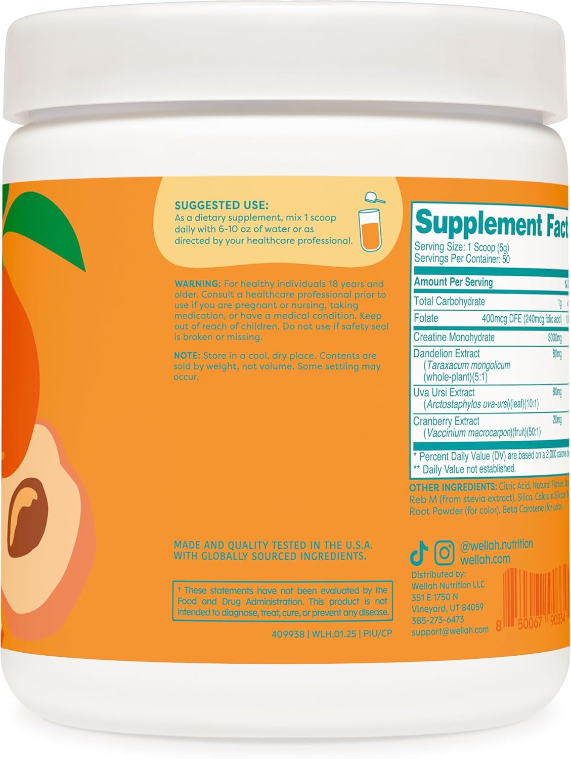 Wellah Creatine for Women - Creatine Monohydrate with Dandelion & Cranberry Extract (50 Servings, Clementine Peach)