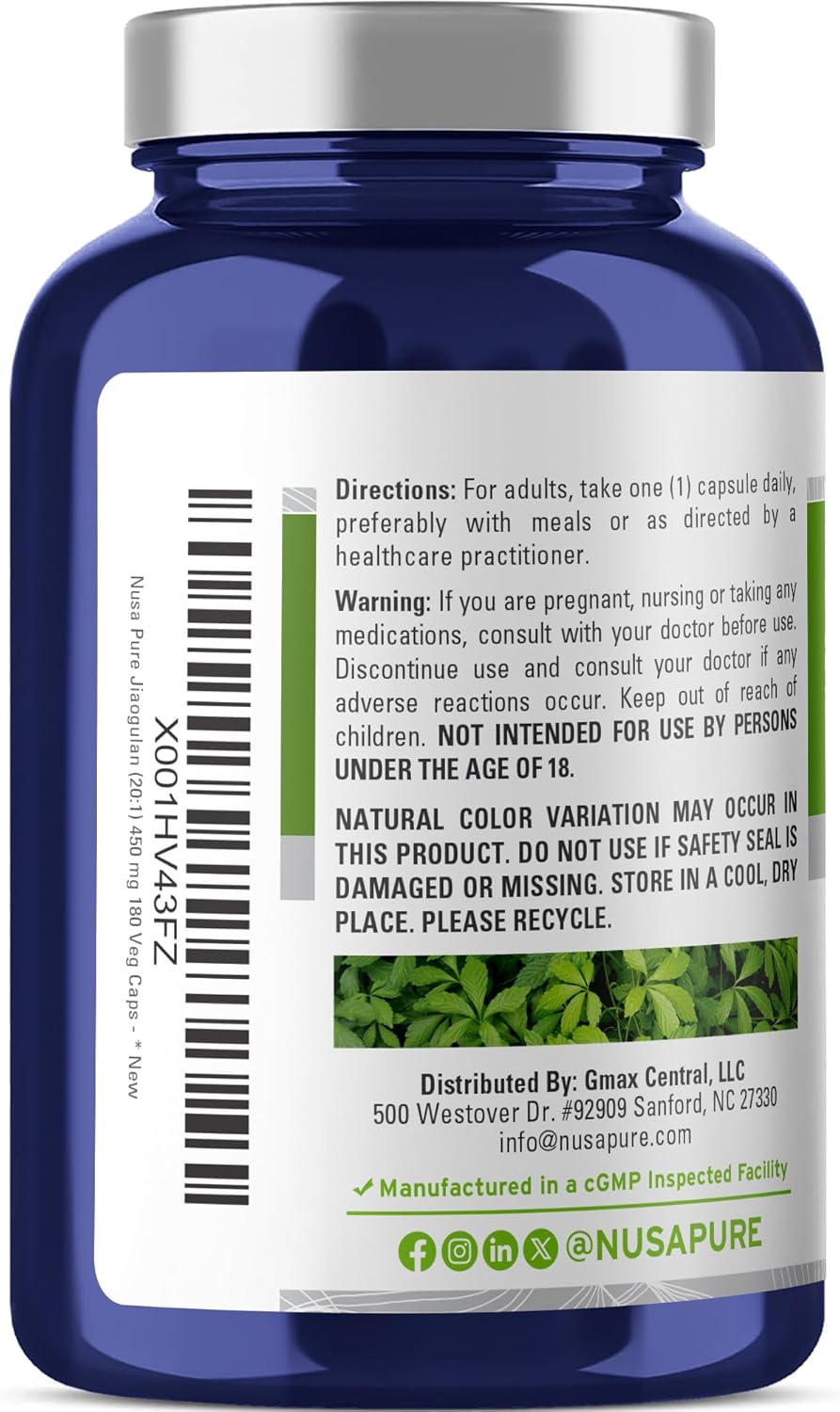 NusaPure Jiaogulan 20:1 Extract, 450 mg Equivalent to 9,000mg 180 Veggie Capsules (Vegetarian, Non-GMO, Vegan) Gynostemma Pentaphyllum