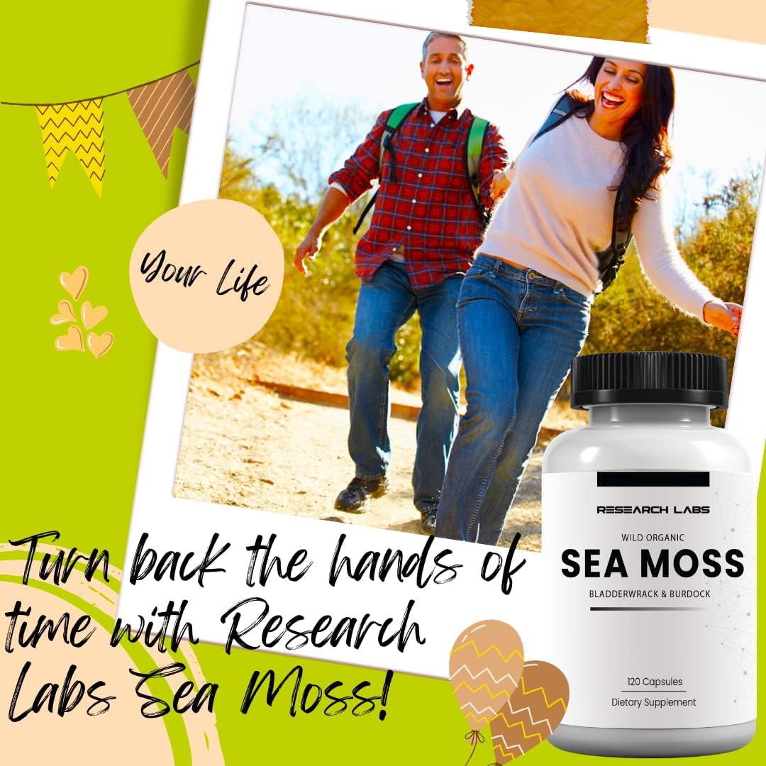 Research Labs 1 Fer 1 Ad Organic Irish Sea Moss Capsules, Raw Wildcrafted Seamoss Enhanced w/Bladderwrack & Burdock Root 120 Total Pills Antioxidant Powerhouse. Thyroid Support.