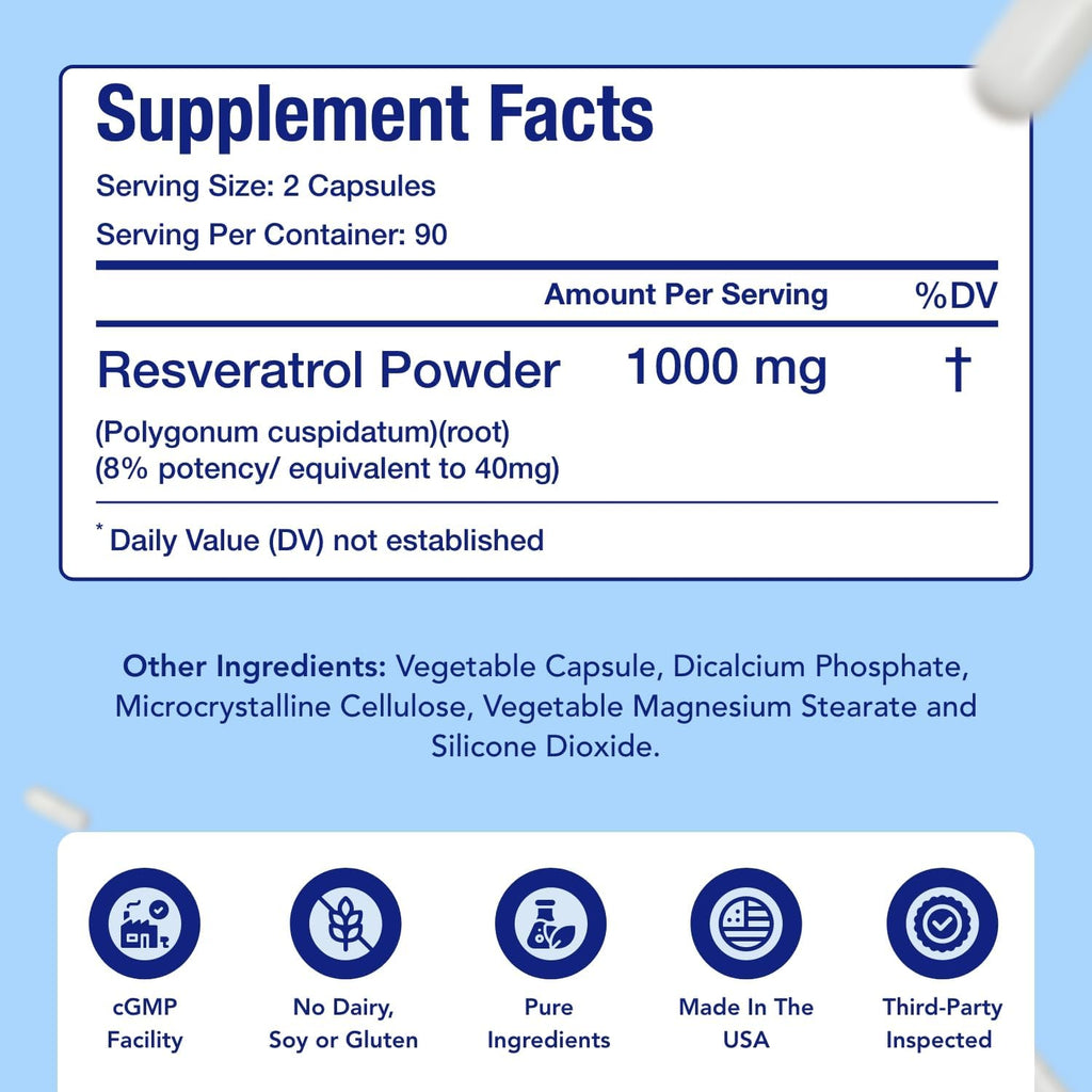 Resveratrol 1000mg Capsules | Vegan Friendly Resveratrol Supplement from Easy Absorption Antioxidant Japanese Knotweed for Skin Heart and Brain Support | Made in US cGMP Facilities (90 Day Supply)