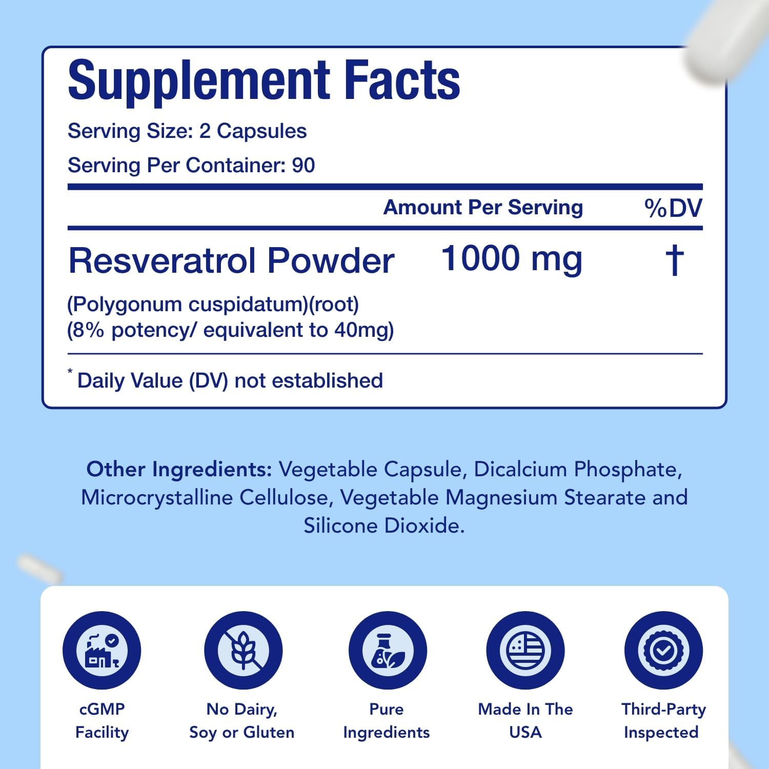 Resveratrol 1000mg Capsules | Vegan Friendly Resveratrol Supplement from Easy Absorption Antioxidant Japanese Knotweed for Skin Heart and Brain Support | Made in US cGMP Facilities (90 Day Supply)