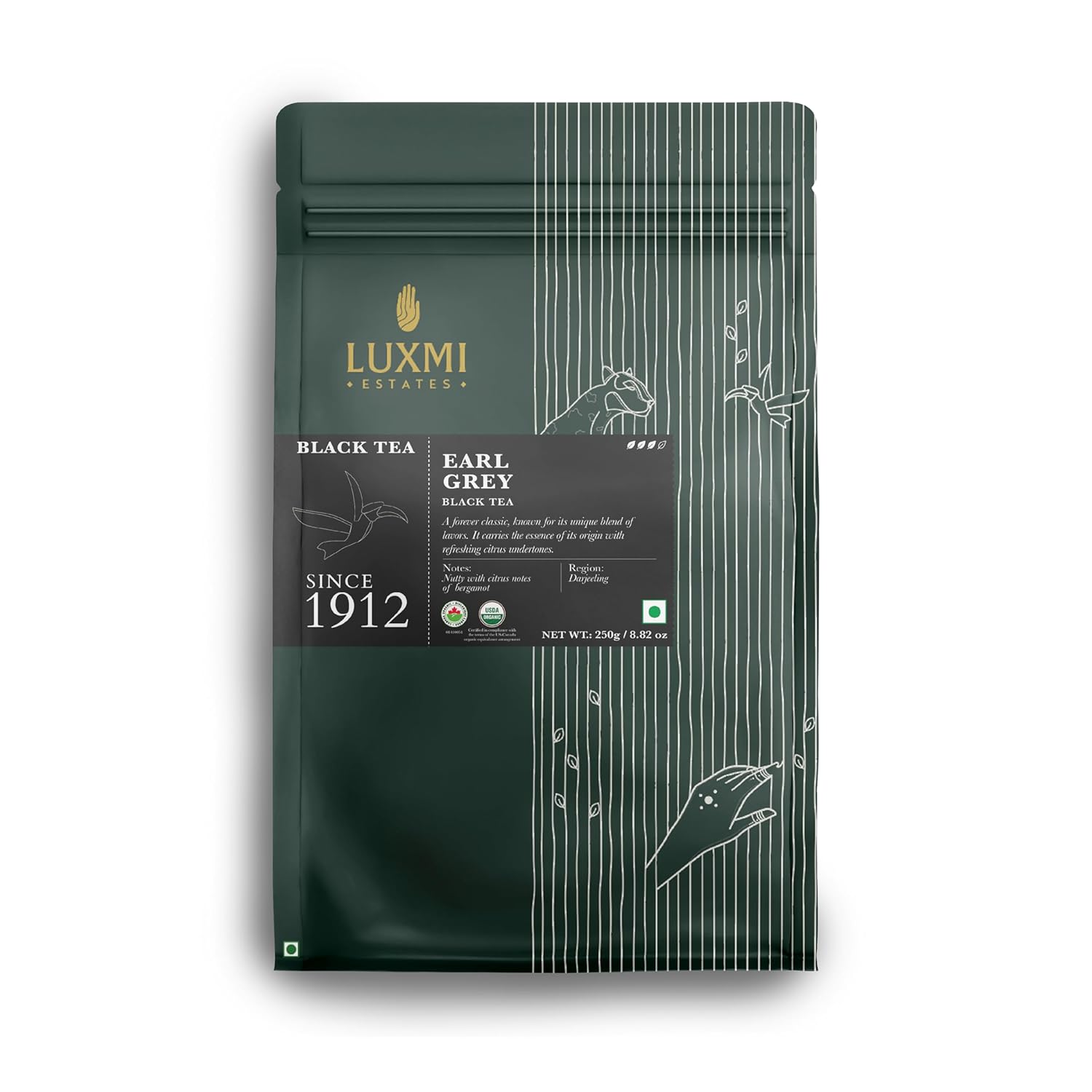 Luxmi Estates Garo Hills Organic Earl Grey Black Tea 250g Loose Leaf Pack | USDA Organic - Earl Grey Tea Bags | 100% Natural Bergamot Extracts | 125 Cups | Assam Black Tea | A Great Morning Cup as an Alternative to Coffee