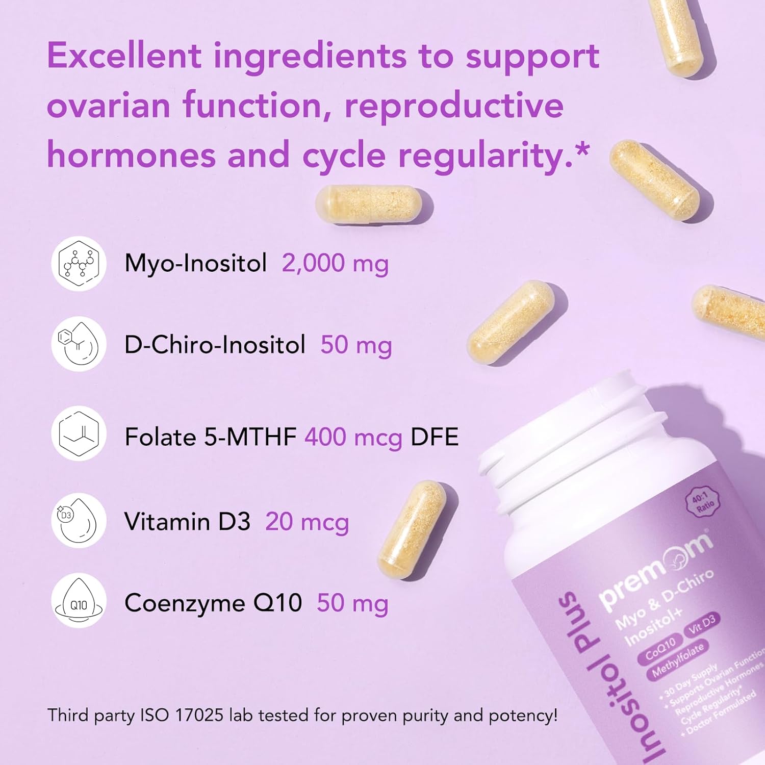 Premom Inositol Plus - 2000mg Myo-Inositol & 50mg D-Chiro Inositol, CoQ10, Folate & Vitamin D3-40:1 Ratio - Supports Hormonal Balance, Ovarian & Reproductive Health - 30 Day Supply