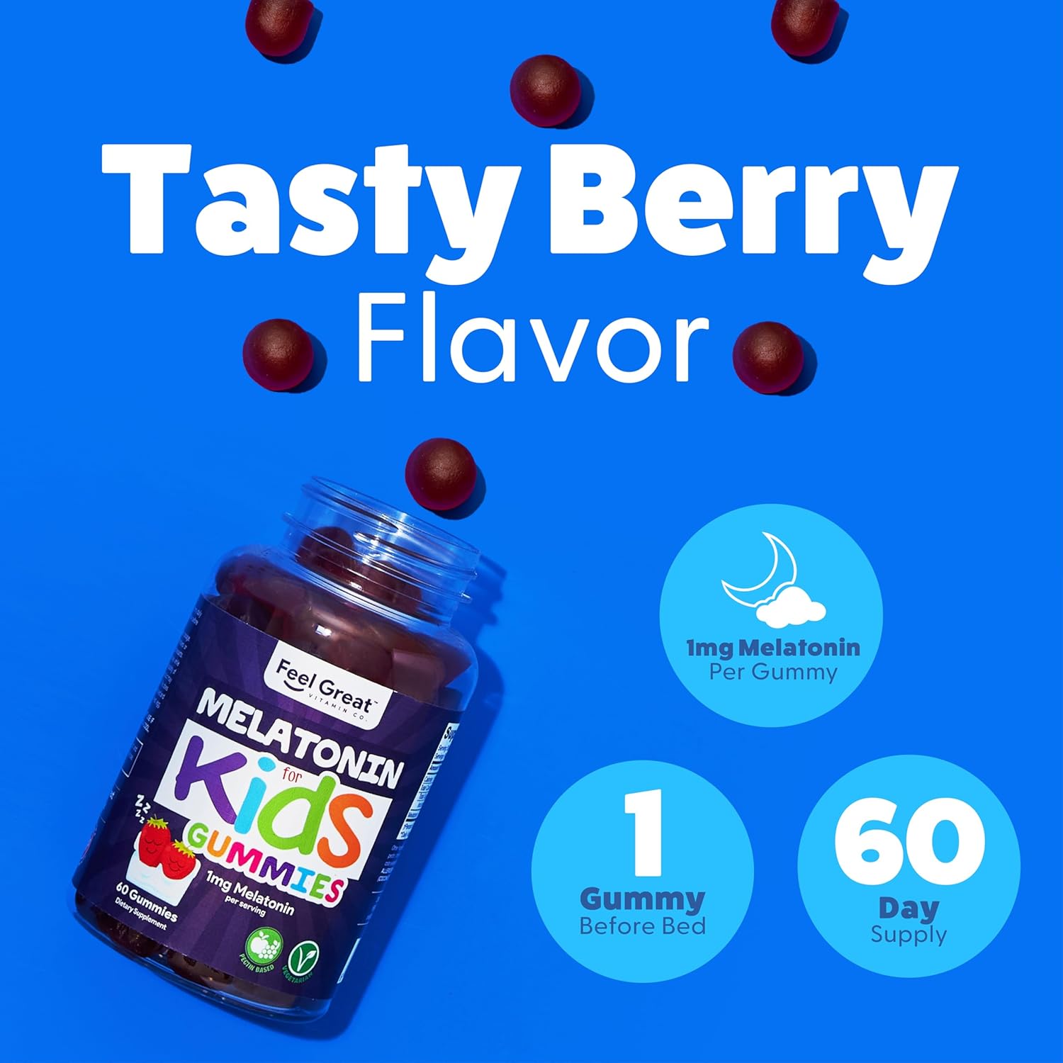 Feel Great Kids Melatonin Gummy | Strawberry Flavored Melatonin Gummies Kids | 1 MG of Melatonin Sleep Aid for Kids | Vegan Gummies | 60 Day Supply