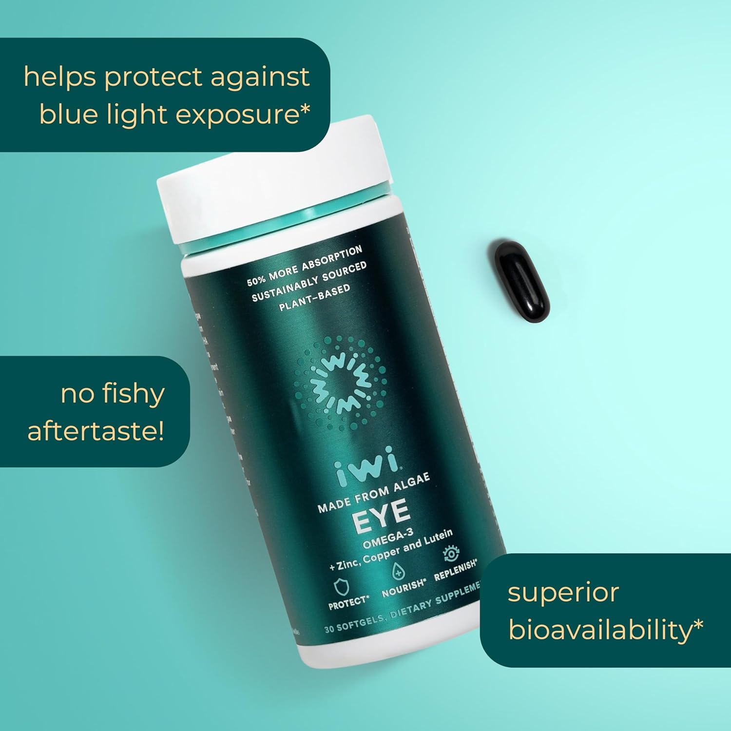 Iwi Life Eye Omega-3, 30 Softgels (30 Servings), Vegan Plant-Based Algae Omega 3 with EPA + DHA, Healthy Eye & Vision Support Dietary Supplement, Krill & Fish Oil Alternative, No Fishy Aftertaste