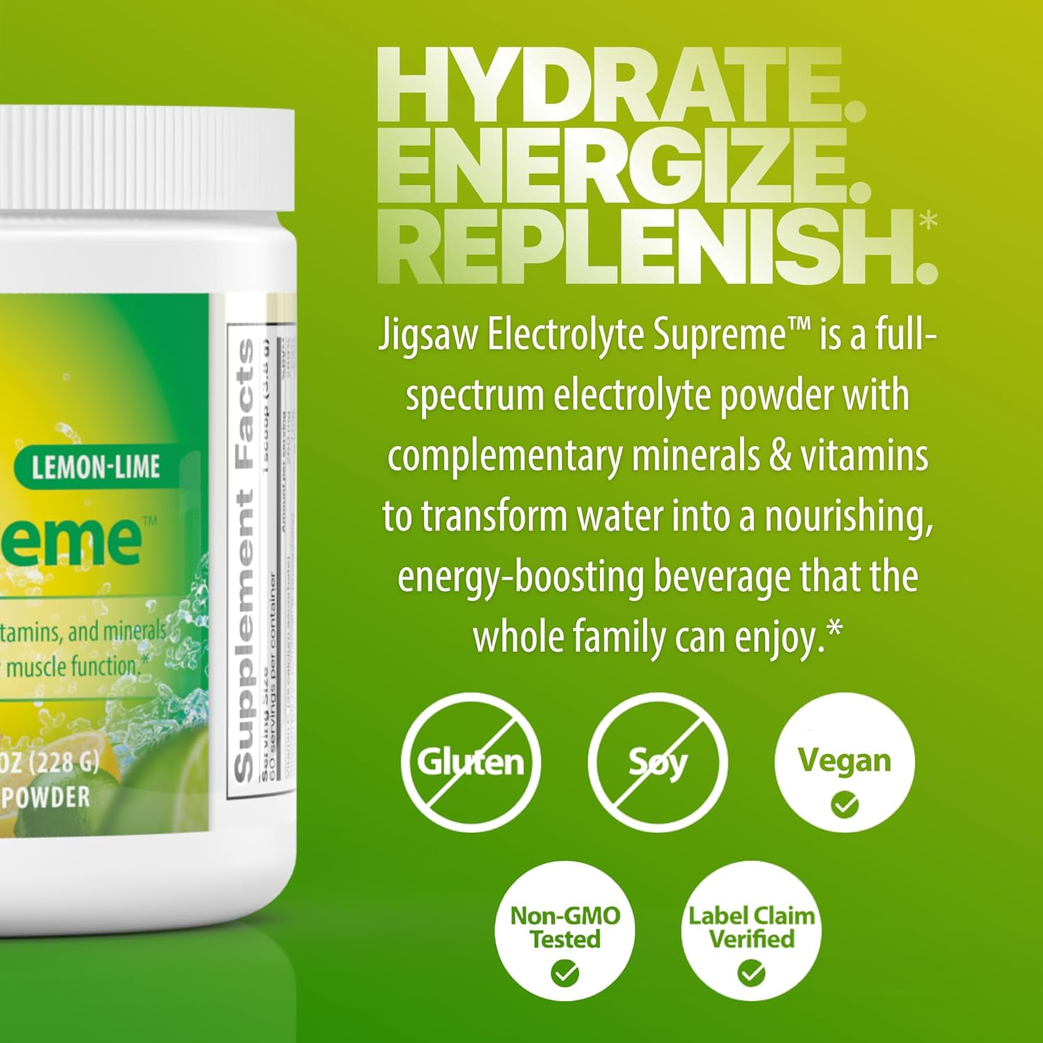 Jigsaw Health Electrolyte Supreme | Broad Spectrum of Electrolytes + Trace Minerals | Lemon-Lime Flavor | 60 Servings (Jar)