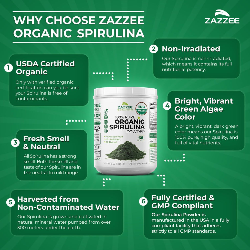 Zazzee Organic Spirulina Powder, 8 Ounces, USDA Certified, 68 Servings, 100% Pure, Kosher, Non-Irradiated, Mess-Free Wide Mouth Container, Fresh Smell and Neutral Taste, Non-GMO, Gluten-Free