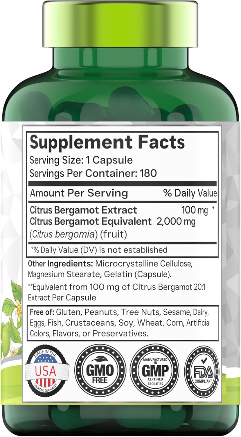 Citrus Bergamot 2000mg - 180 Capsules | Ultra Potent Citrus Bergamot Supplement 2000 mg Per 1 Capsule Serving | 6 Month Supply! | Non-GMO | Made in The USA!