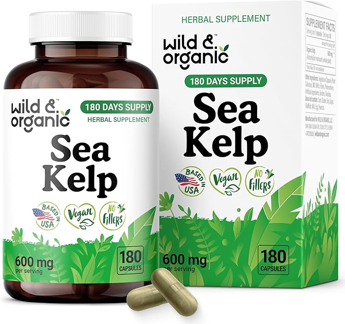 Wild & Organic Sea Kelp Capsules 600 mg - Immune & Overall Support - Sea Kelp Iodine Supplement for Men & Women - Ocean Seaweed Supplement - Vegan, No Fillers, Non-GMO - 180 Count