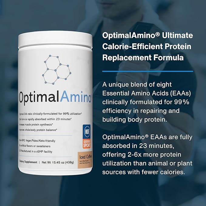 OptimalAmino Amino Acid Powder | 99% Utilized Essential Amino Acid (EAA) Supplement | Pre/Post Workout & Muscle Recovery | NSF for Sport Certified | Iced Coffee Flavor