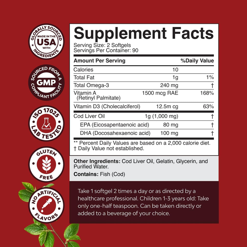 Icelandic Cod Liver Oil Softgels - Wild Caught EPA DHA Omega 3 Fish Oil 1000mg per serving - Sustainably Sourced Burpless Fish Oil Supplement with Vitamin D3 & A for Heart Joint Brain & Immune Support
