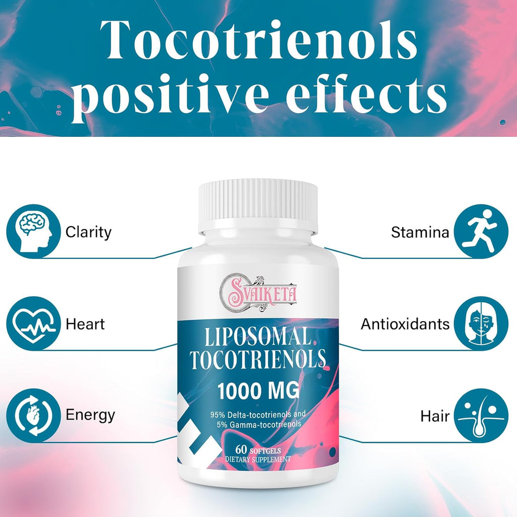 Liposomal Tocotrienols 1000mg – High Absorption Vitamin E Tocotrienols Supplement with 95% Delta & 5% Gamma – Antioxidant for Skin & Healthy Aging – 60 Softgels