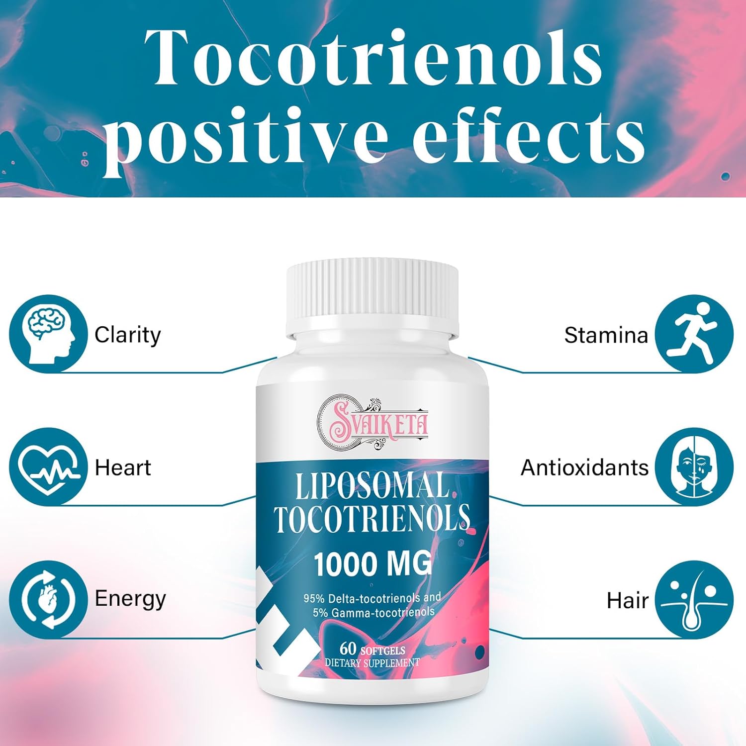 Liposomal Tocotrienols 1000mg – High Absorption Vitamin E Tocotrienols Supplement with 95% Delta & 5% Gamma – Antioxidant for Skin & Healthy Aging – 60 Softgels