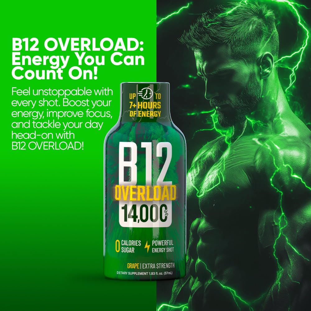 B12 Overload Extra Strength Energy Shot – Grape – 260mg Caffeine, 14000% B12, Electrolytes – Energy & Vitality Support – Zero Sugar No Calories – Vegan, Kosher, Gluten-Free – 1.93 fl oz, 24 -Pack