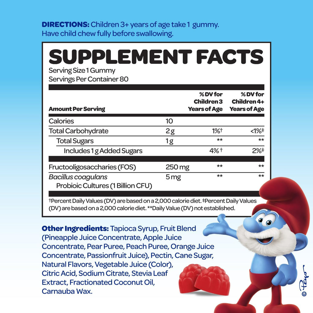 The Smurfs Kids Probiotic Gummies with 1 Billion CFU Probiotics & Prebiotics Chewable Probiotic Kids for Digestive Support, Healthy Gut & Immune Health | Ages 3+ | Made with Real Fruit | 80 Count