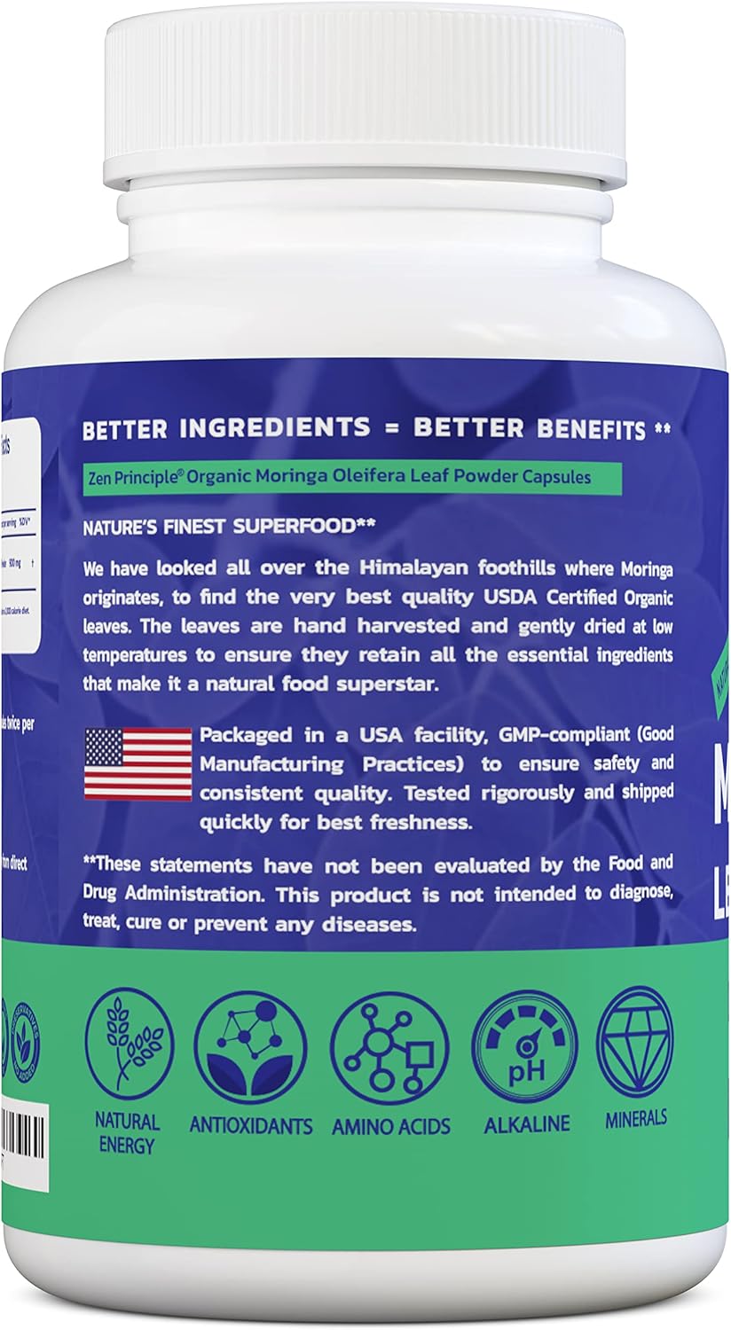 Zen Principle Organic Moringa Oleifera. Ultra-Premium. Provides an All Natural Energy Boost and Multi-Vitamin. A Raw Superfood, Vegan, No GMO and Gluten Free. 180 Capsules.