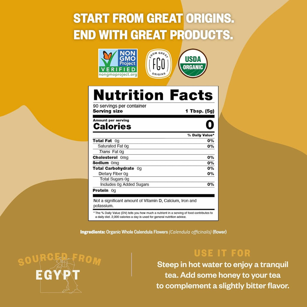 FGO Organic Calendula Flowers, Whole, Imported Calendula Officinalis From Egypt, 16oz Bulk Resealable Pouch, Packaging May Vary (Pack of 1)