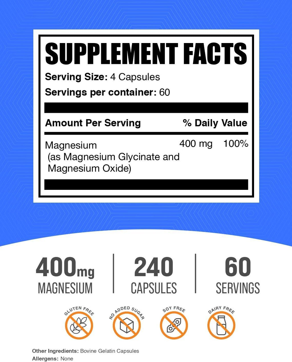 BulkSupplements.com Magnesiumglycinate Capsules - Magnesium Supplement, Highly Absorbed Form - Gluten Free, 4 Capsules per Serving (400mg), 240 Count (Pack of 1)
