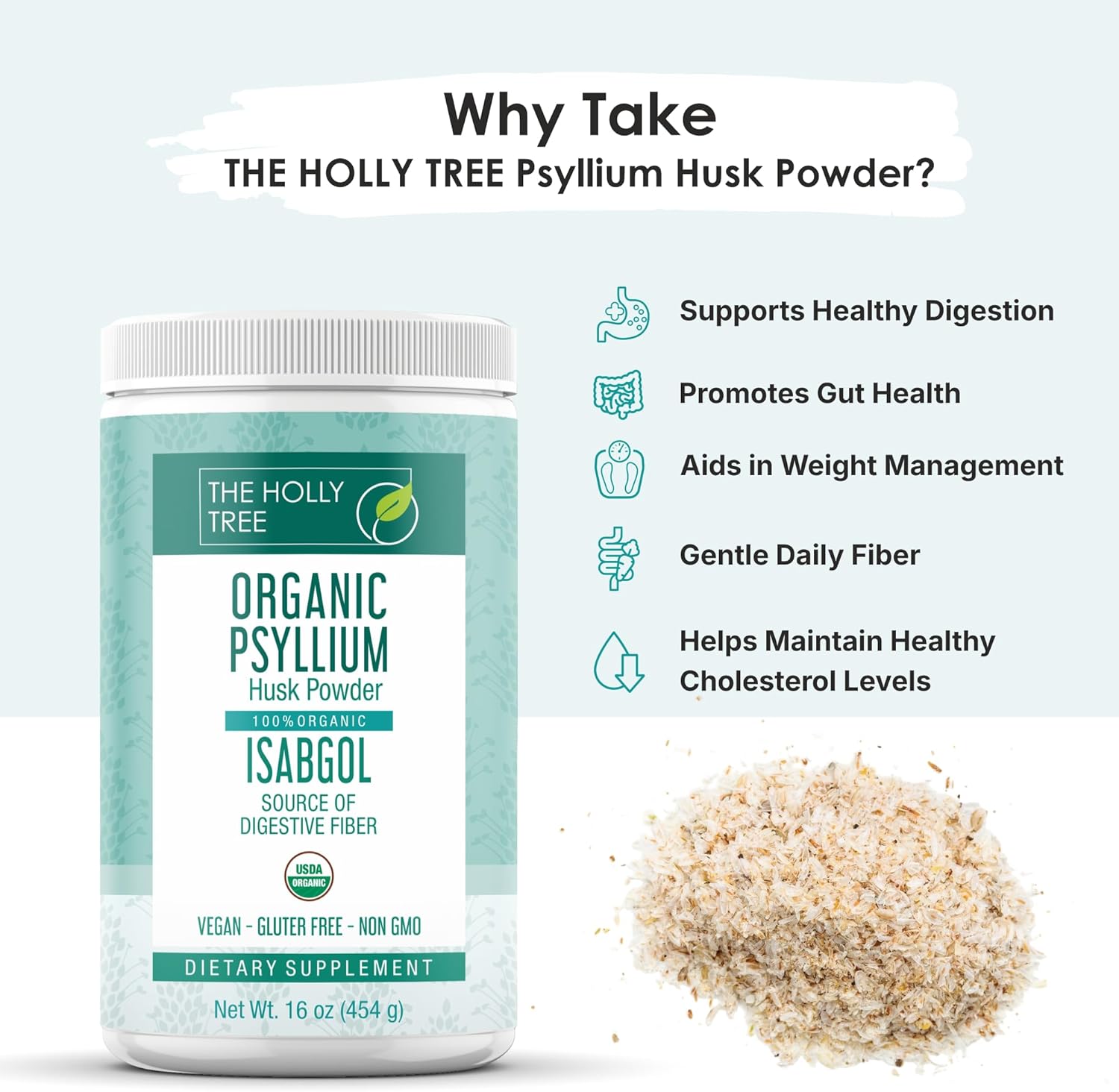 Organic Psyllium Husk Powder 16 oz - Psyllium Husk Powder Organic for Gut Cleanse & Regularity - Premium Fiber Supplement - Vegan, Gluten-Free, Non-GMO, USDA Certified