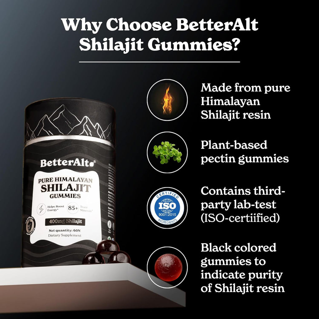 Pure Himalayan Shilajit Gummies with 100% Shilajit |High Potency Gold Grade| 60 Gummies for Energy Boost & Immune Support, 75%+ Fulvic Acid| Travel Friendly - Tamarind Flavor