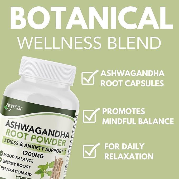 Arymar Ashwagandha Root Powder Capsules – 60 Capsules – Adaptogenic Herbal Supplement