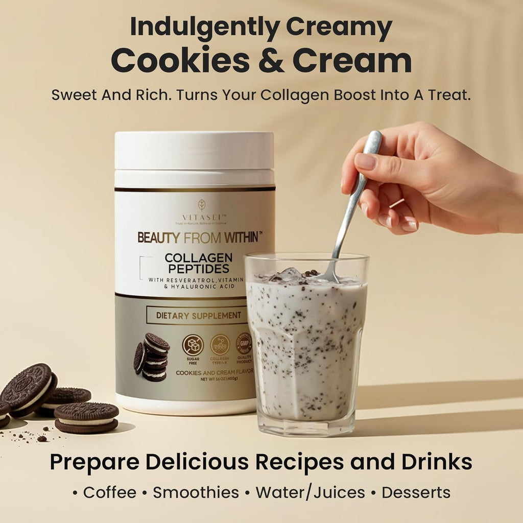 VITASEI Hydrolyzed Collagen Peptides Powder with Resveratrol & Vitamin C – Hair, Skin & Joint Support – Colágeno Hidrolizado for Women & Men – Delicious Cookies & Cream Flavor, 16 oz (30 Servings)