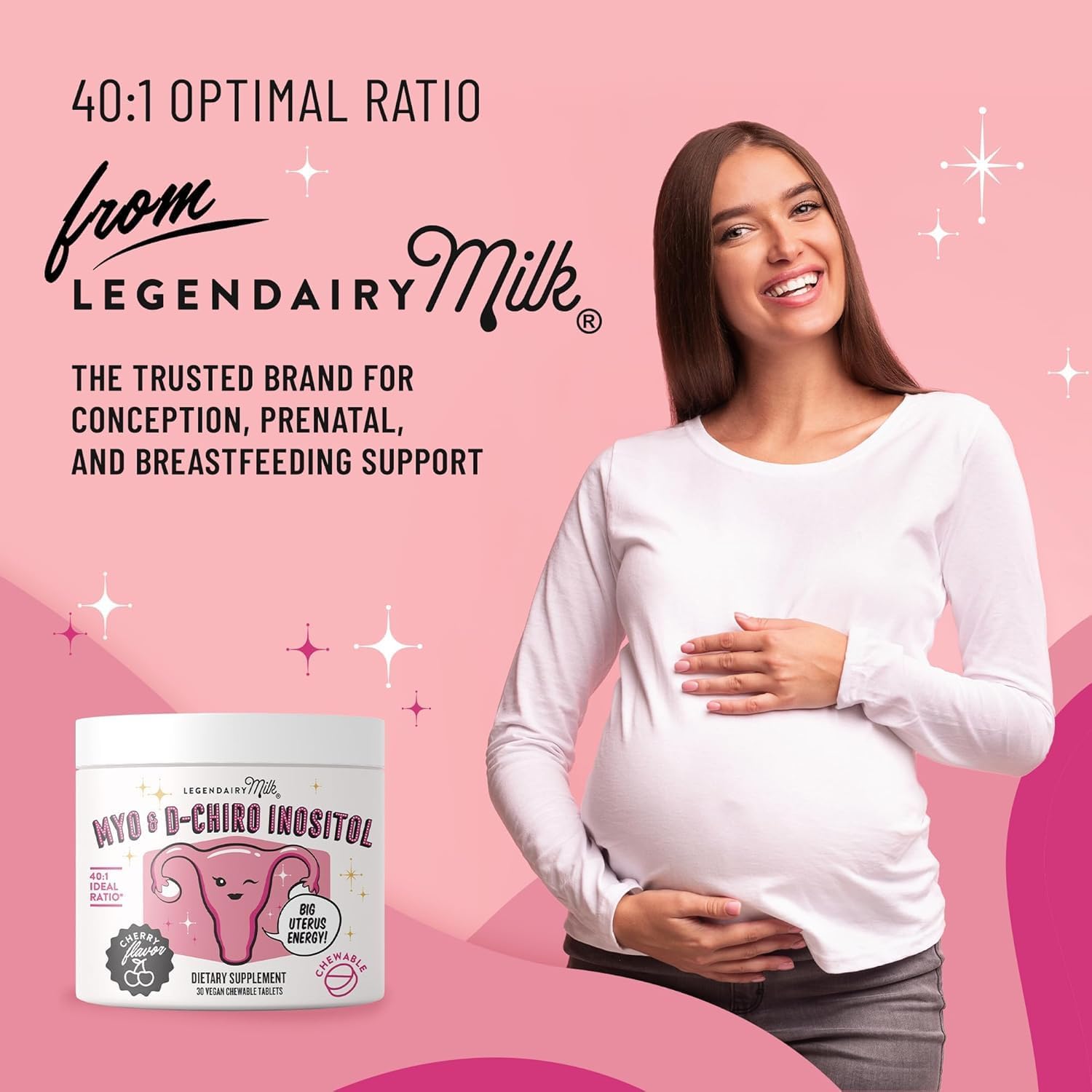 Legendairy Milk Pure Inositol Chewable Tablets - Myo-Inositol & D-Chiro Supplement for Hormonal Balance & Fertility Support - Ideal 40:1 Ratio - 30 Day Supply (Pack of 3)