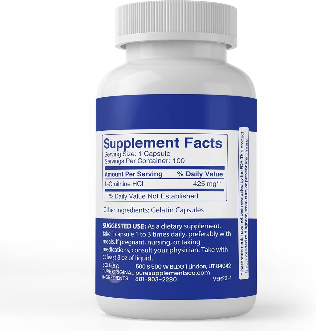 Pure Original Ingredients L-Ornithine, (100 Capsules) Always Pure, No Additives Or Fillers, Lab Verified