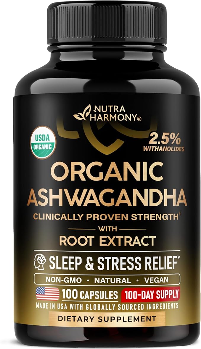Ashwagandha Supplements 1800mg - USDA Organic Ashwagandha for Women & Men - Clinically Effective Strength for Stress Relief & Sleep - Powder & Root Extract 2.5% Withanolides - Made in USA 100 Capsules