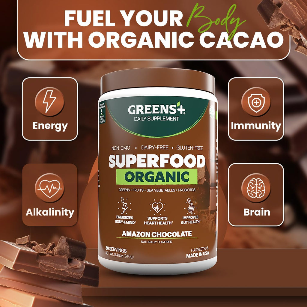 Greens+ Plus Organic Superfood Amazon Chocolate, Boost Energy, Essential Blend of Raw Foods, Non GMO, Gluten Free, USDA Organic and Vegan Powder, 8.46 oz