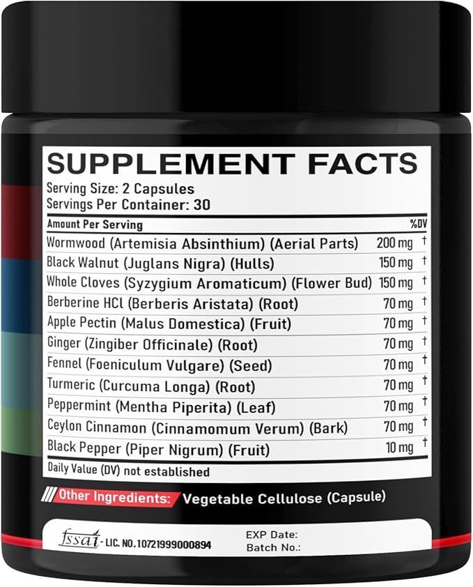 Wormwood Capsules Supplement - Extracted from Black Walnut, Cloves, Turmeric, Apple, Berberine HCl & More - 11 Ingredients Combined for Immune System, Body Management - 60 Capsules