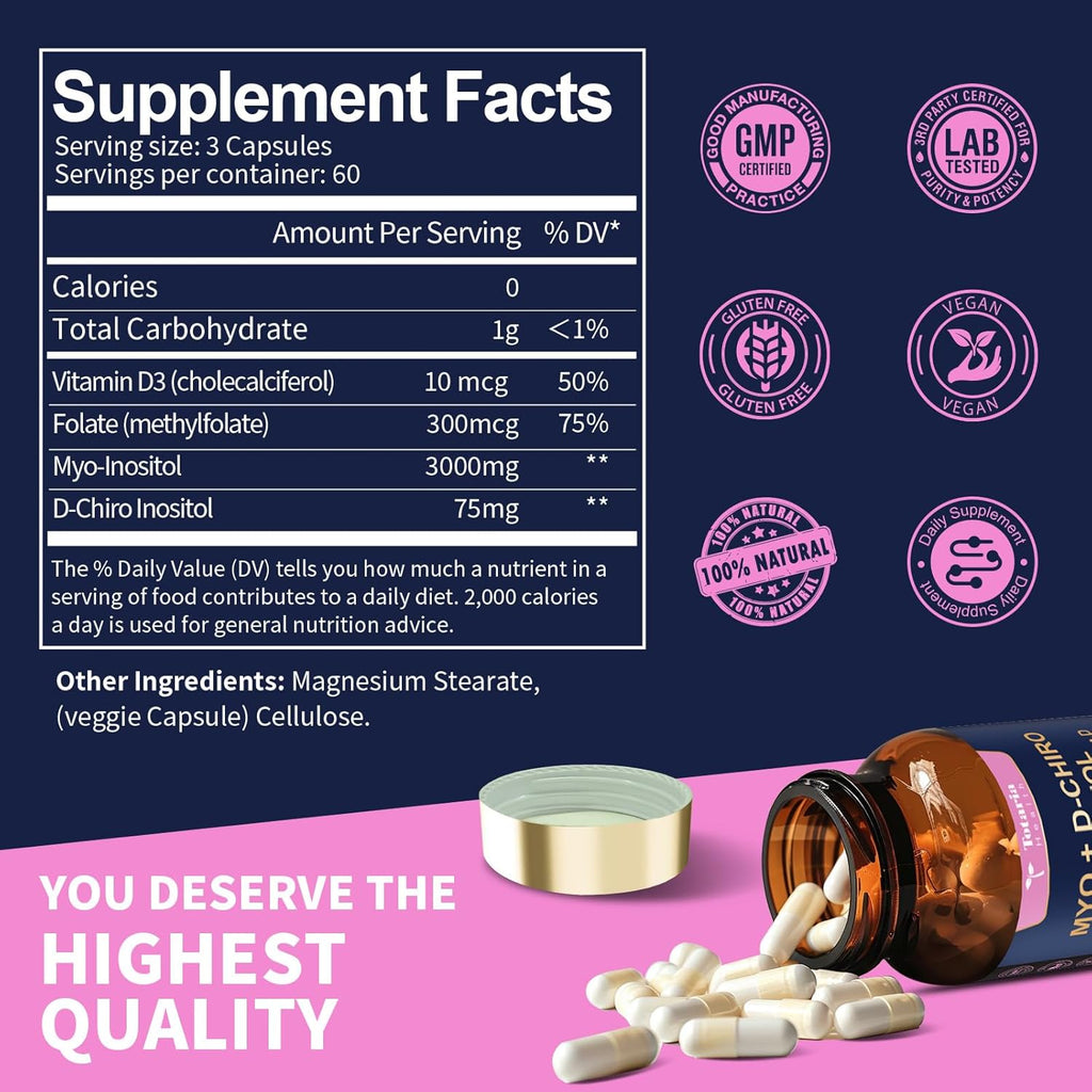 Inositol Supplement for Women with Vitamin D3, Folate, 40:1 Ratio Myo-Inositol & D-Chiro Inositol Complex, (Vitamin B8) Inositol Capsules, 180 Capsules, 60 Servings, 2 Month Supply