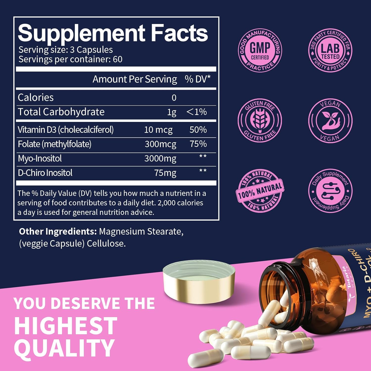 Inositol Supplement for Women with Vitamin D3, Folate, 40:1 Ratio Myo-Inositol & D-Chiro Inositol Complex, (Vitamin B8) Inositol Capsules, 180 Capsules, 60 Servings, 2 Month Supply