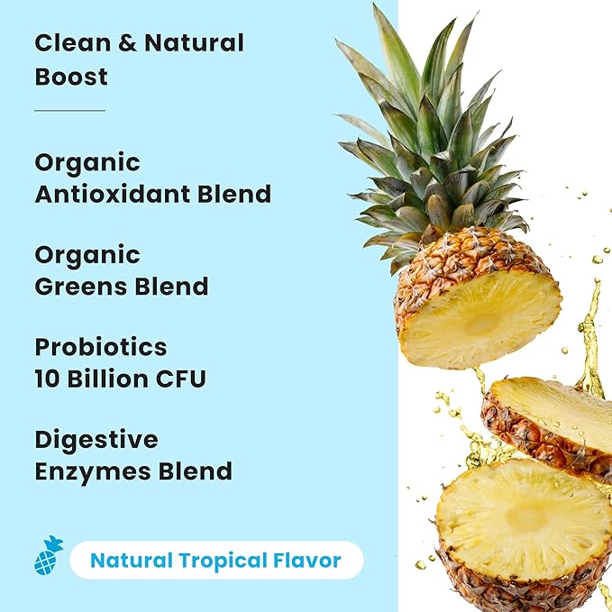 NutraChamps Super Greens Powder Premium Superfood | 20+ Organic Green Veggie Whole Foods | Alfalfa, Spirulina, Chlorella & More | Antioxidant, Digestive Enzyme & Probiotic Blends | Tropical | 60 SVG