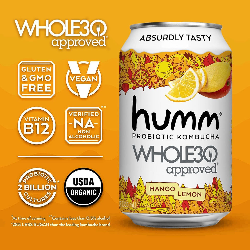 Humm Whole30 Approved Kombucha, Mango Lemon, Organic, Vegan & GMO Free (24 Pack)