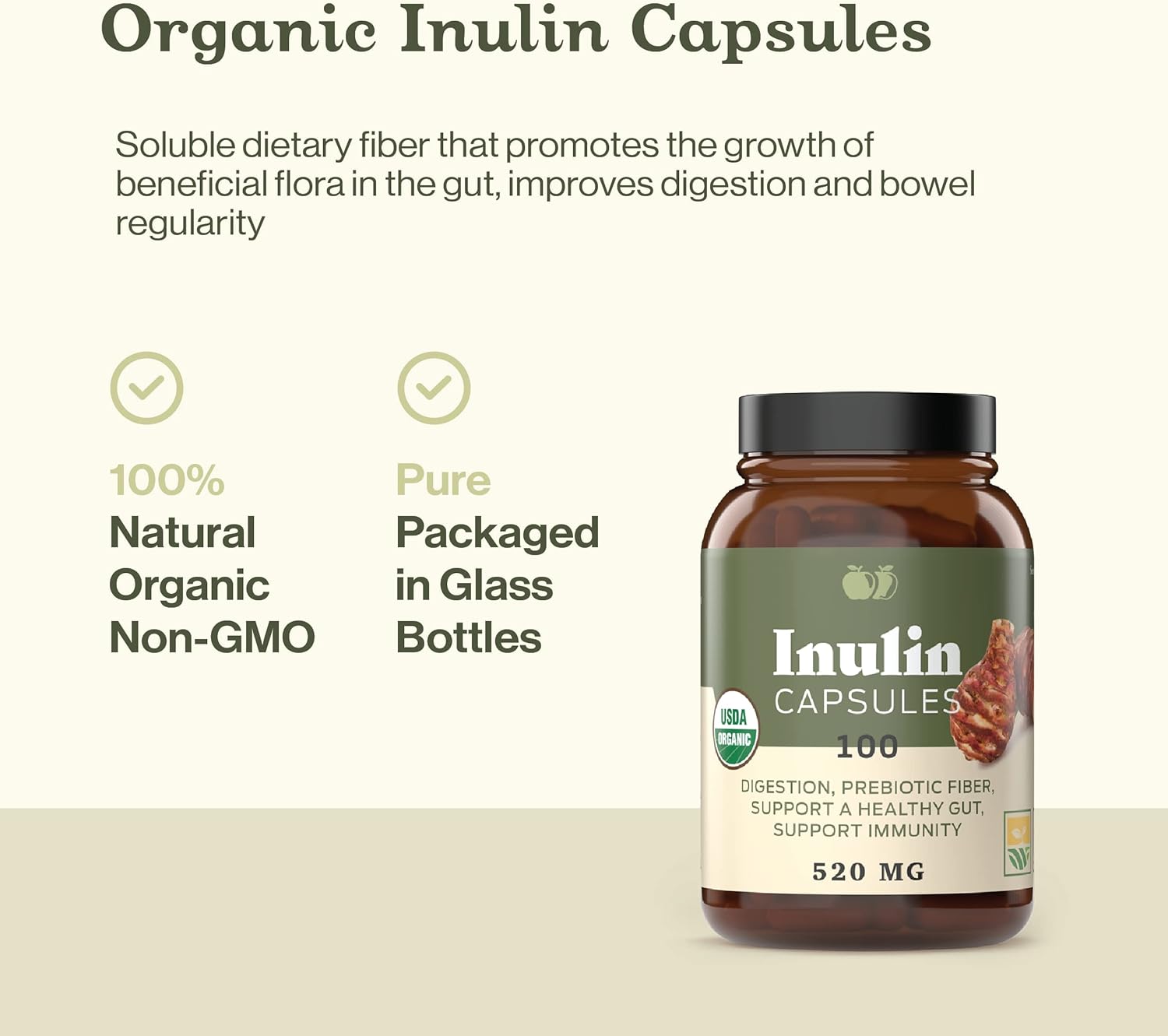 Complete Natural Products Organic Inulin Capsules - 520mg 100 Pills, Organic Jerusalem Artichoke Inulin Capsules