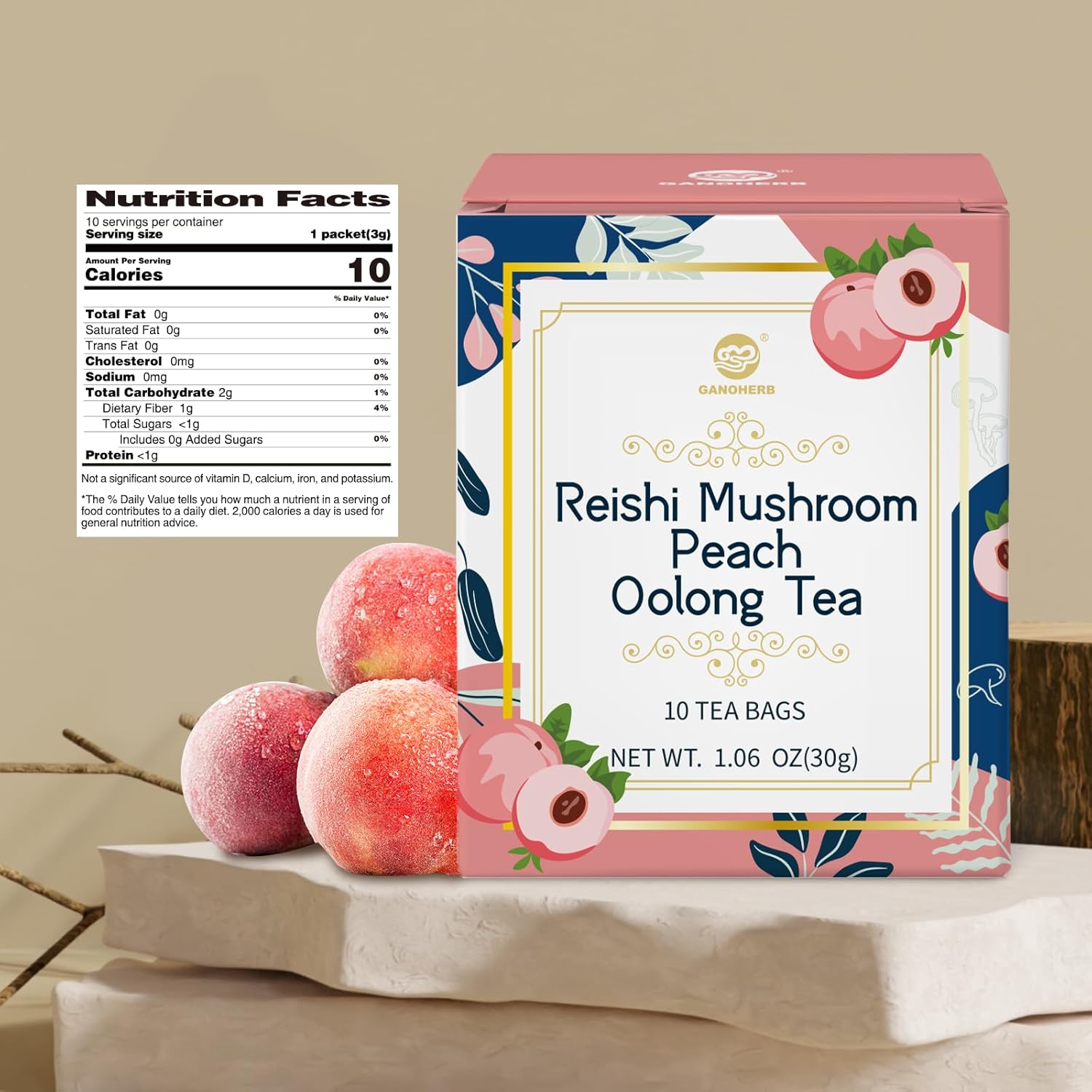 GANOHERB Reishi Mushroom Peach Oolong Tea, Adaptogen Ganoderma Lucidum Herbal Tea for Immune Health Boost, Stress Relief, Caffeine-Free, No Sugar, 1.06 OZ