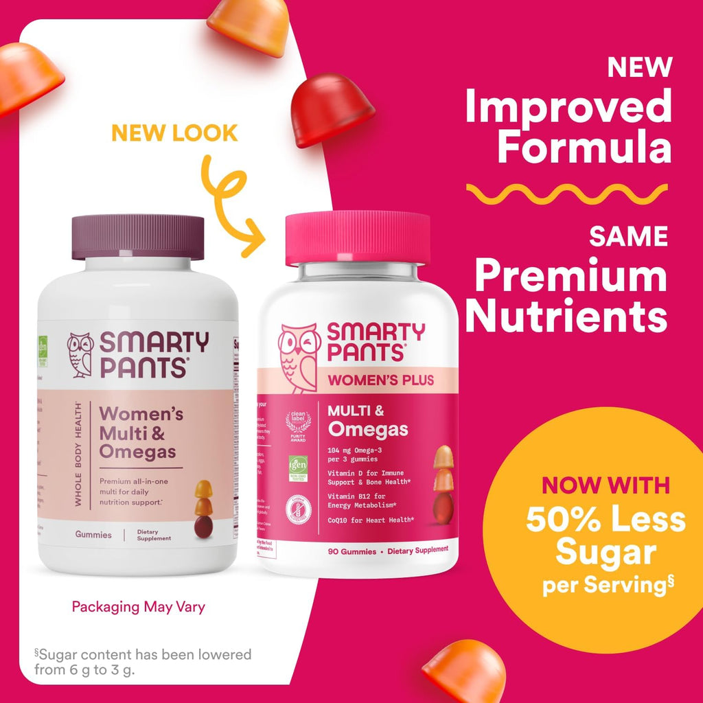 SmartyPants Women's Multivitamin Gummies - Improved Formula: Omega 3 (DHA/EPA), Methylfolate, CoQ10, Vitamin D3, C, Vitamin B12, B6, A, K & Zinc, Inositol, Gluten Free, 90 Count (30 Day Supply)