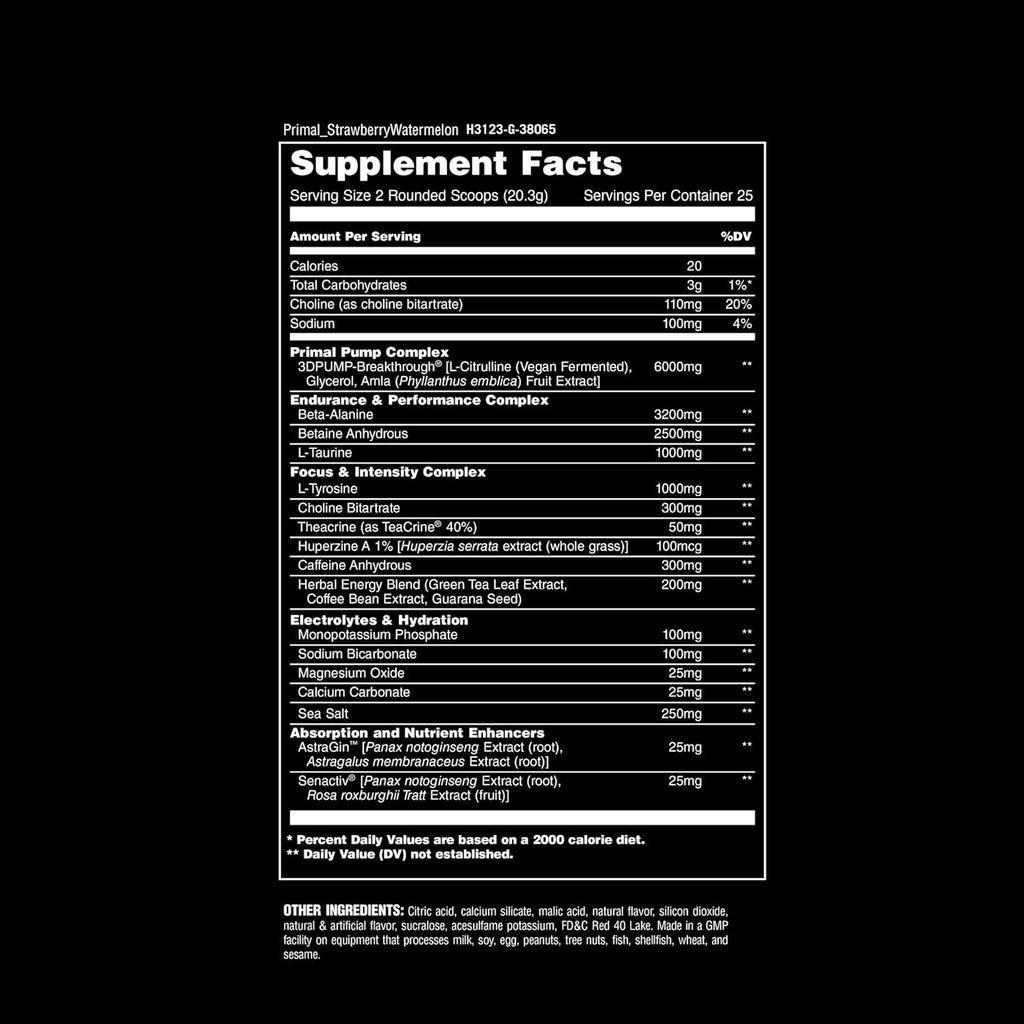Animal Primal Muscle Hydration + Preworkout Powder – Contains Beta Alanine, 3DPump, Caffeine & Electrolytes – Improves Energy, Focus, Endurance & Absorption – Strawberry Watermelon Flavor, 17.9 oz