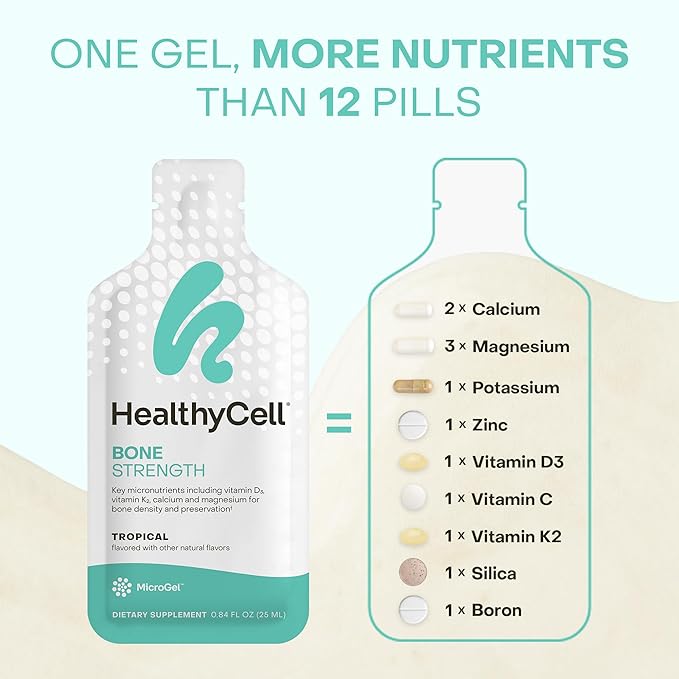 Healthycell Bone Strength Liquid Supplement - Bone Health Supplement with Calcium, Magnesium, Vitamin D3 & Vitamin K2 for Bone Density & Preservation - 30 Gel Packs, Tropical Flavored