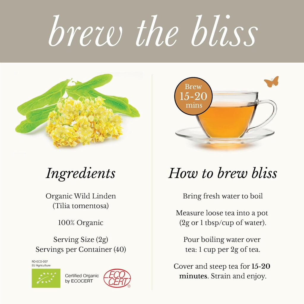Wild Bliss Organic Linden Flower Tea - Caffeine Free Loose Leaf Calming Herbal Tea - 2.82 Ounces - 40 Servings