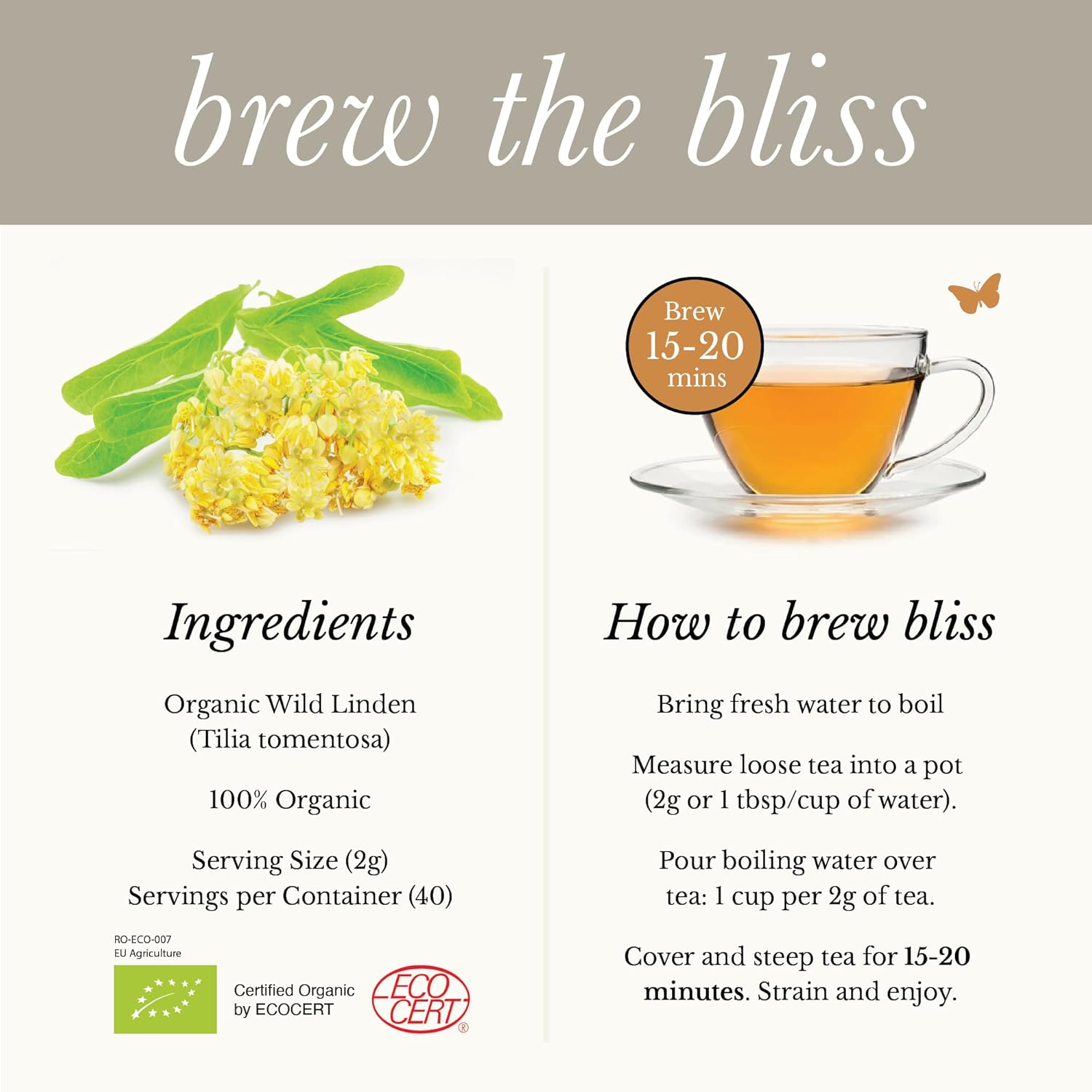 Wild Bliss Organic Linden Flower Tea - Caffeine Free Loose Leaf Calming Herbal Tea - 2.82 Ounces - 40 Servings