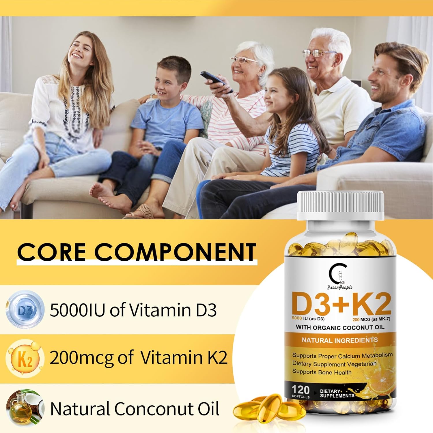 Vitamin D3 K2 Supplement with Vitamin D3 5000 IU, 200 mcg Vitamin K2 MK-7 & Natural Coconut Oil, Plant Based 2-1 Formula for Bone, Teeth, Muscle and Immune Health Support,120 Softgel Capsules